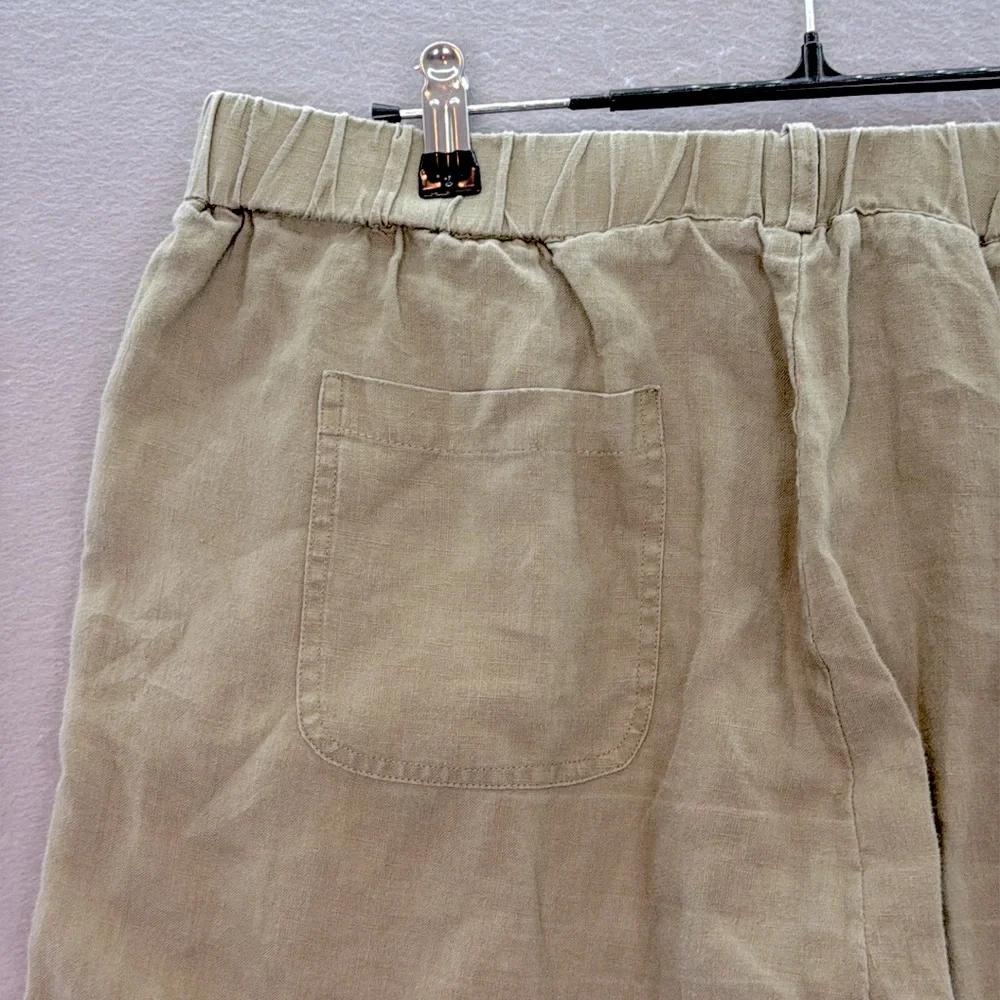 Quince women’s olive green 100% European linen wide leg cropped pull -on pants L